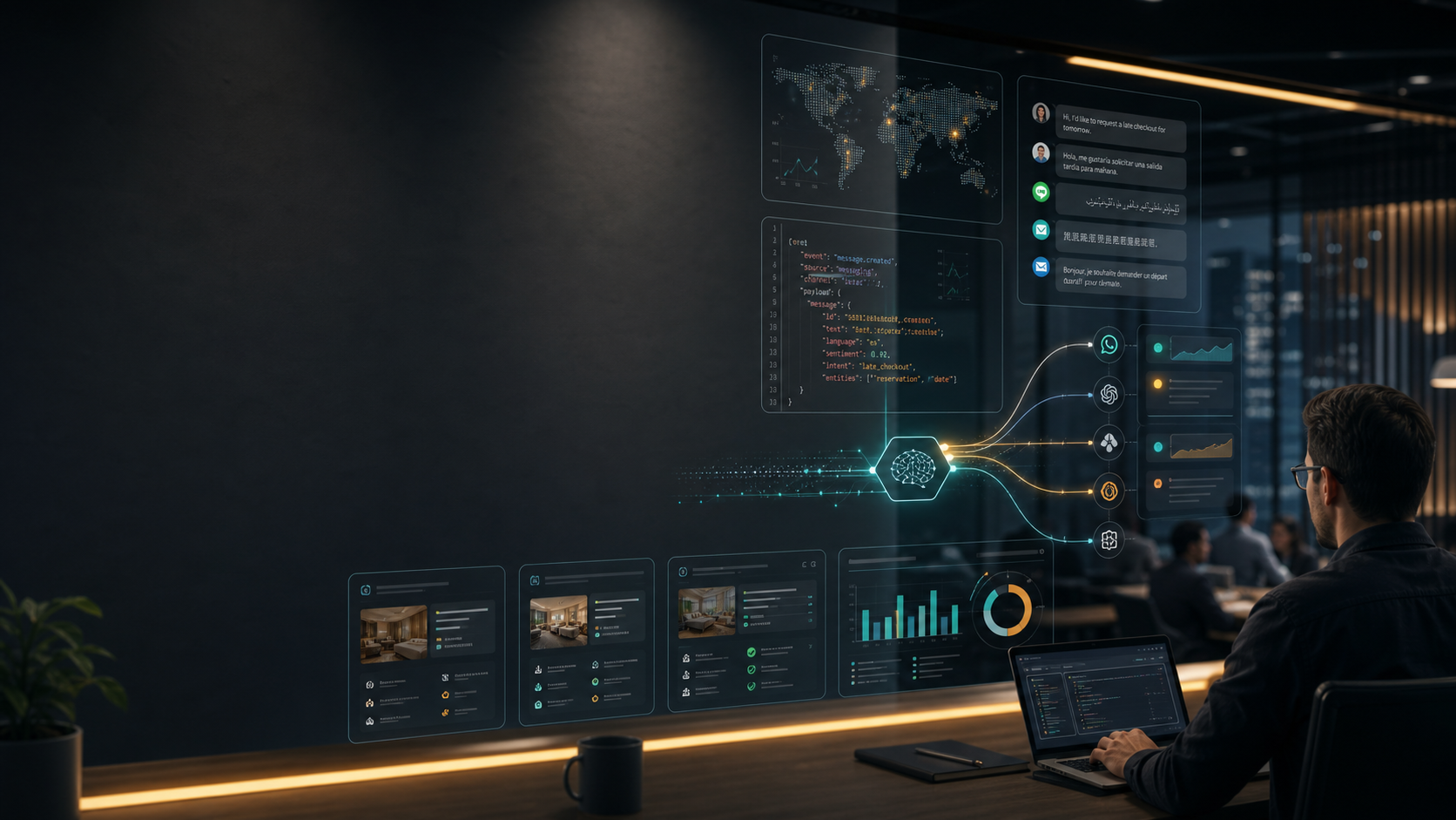 Enterprise AI operations console with API signals and service workflow panels